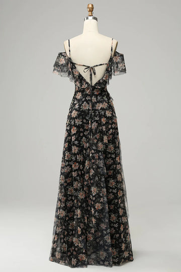 Svart Chiffon Off Shoulder Prom kjole med Floral